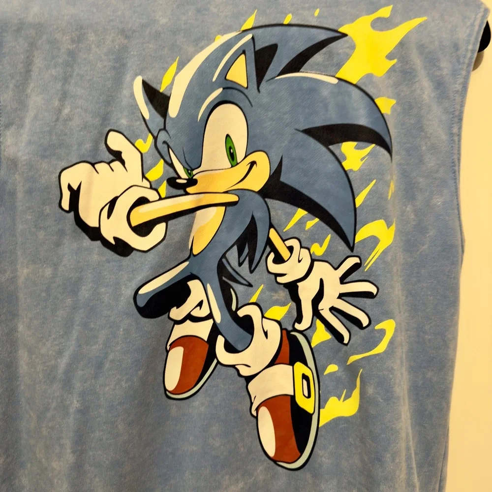 Sonic the Hedgehog Boys Blue Acid Wash Sleeveless Hoodie and Shorts Set Size XL